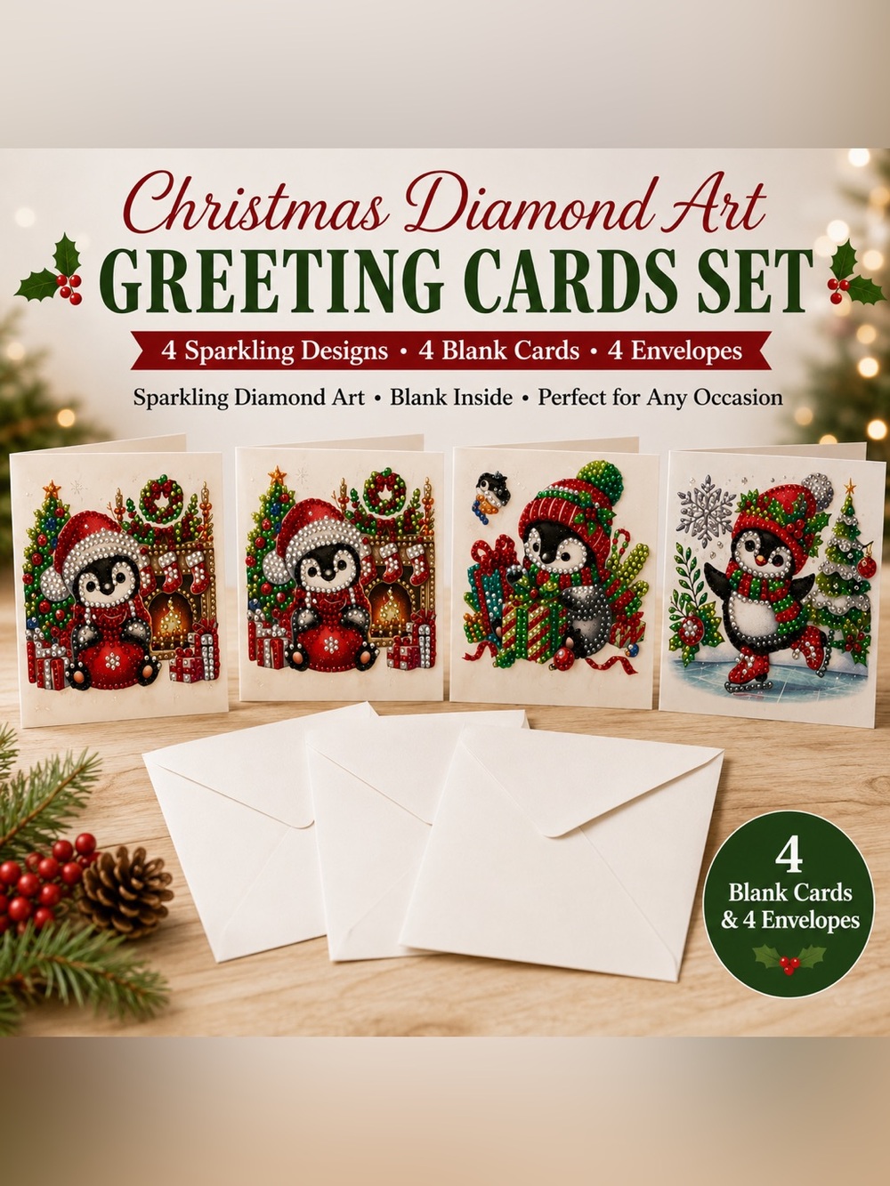 Holiday Penguin Diamond Art Greeting Card Set - Sealed